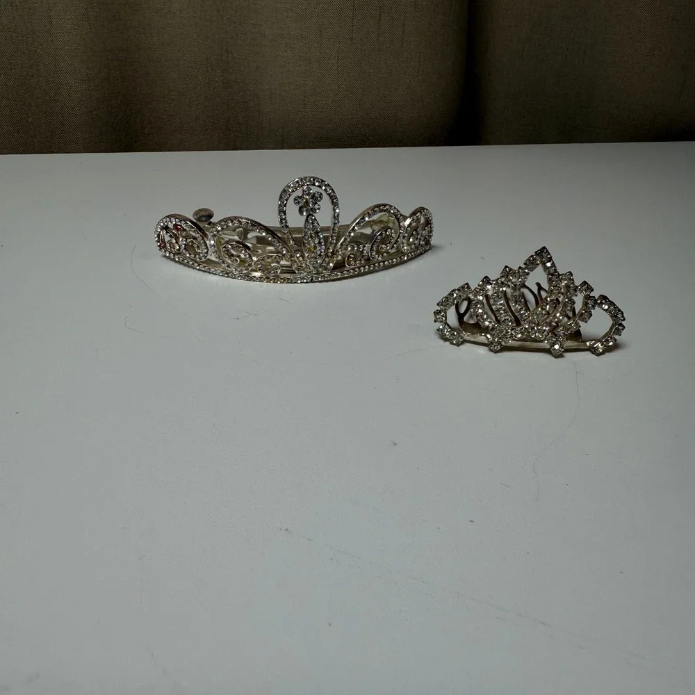 Kids Rhinestone Tiara Crown Set Silver Tone Girls‎ Princess Hair Accessories